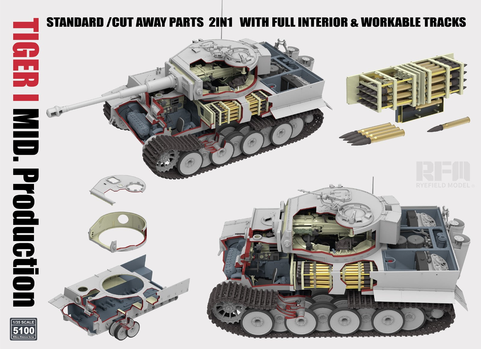 RFM: 1/35 Tiger I Mid. Production, Standard/Cut Away Parts 2 in 1 W/ Full Interior