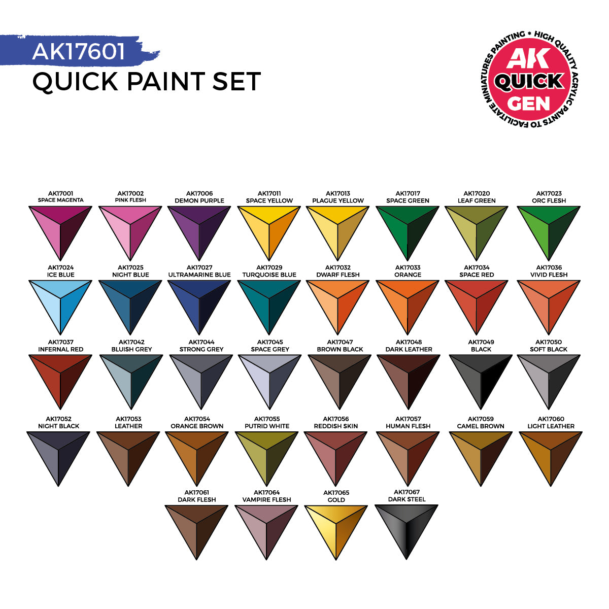 AK17601: Quick Paint Set-36 Quick Gen Colors (+2 Free Brushes)