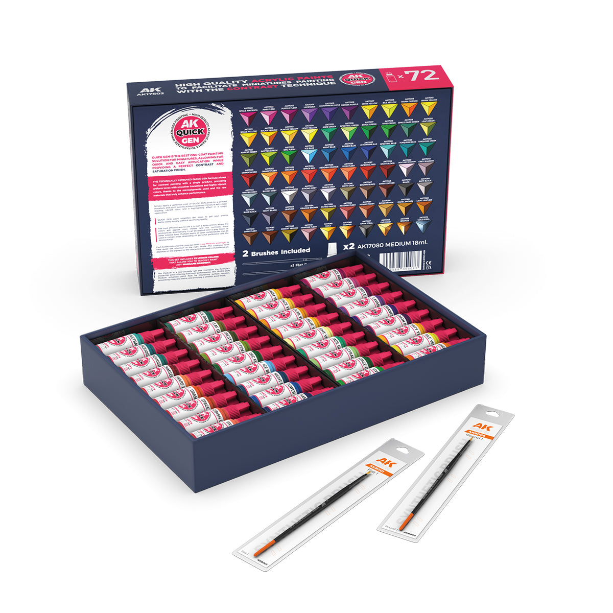 AK17602: Quick Paint Set-72 Quick Gen Colors (+2 Medium 18ml +2 Free Brushes)