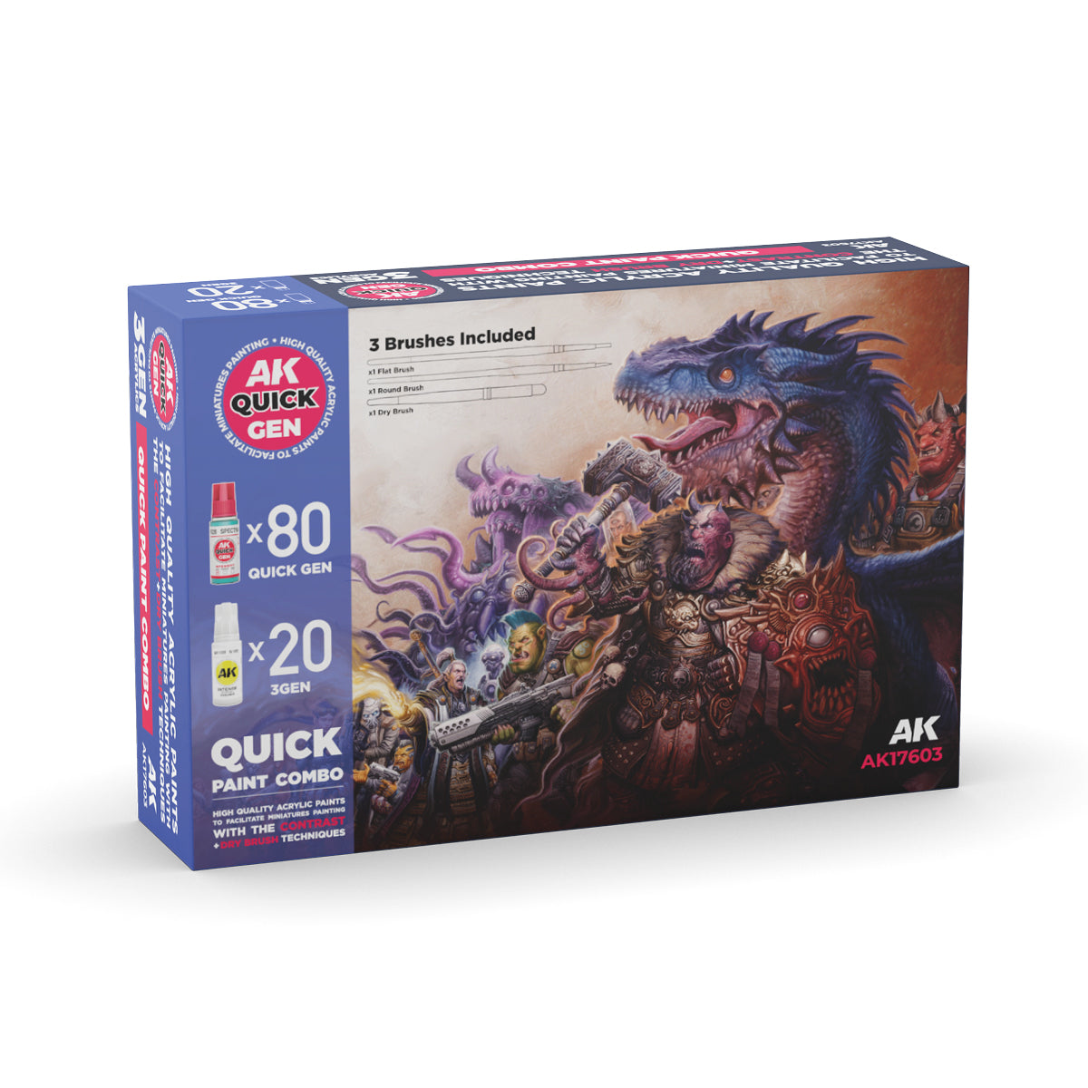 AK17603: Quick Paint Combo-100 Colors (80 Quick Gen +20 3gen +3 Free Brushes +1 Medium 18ml)