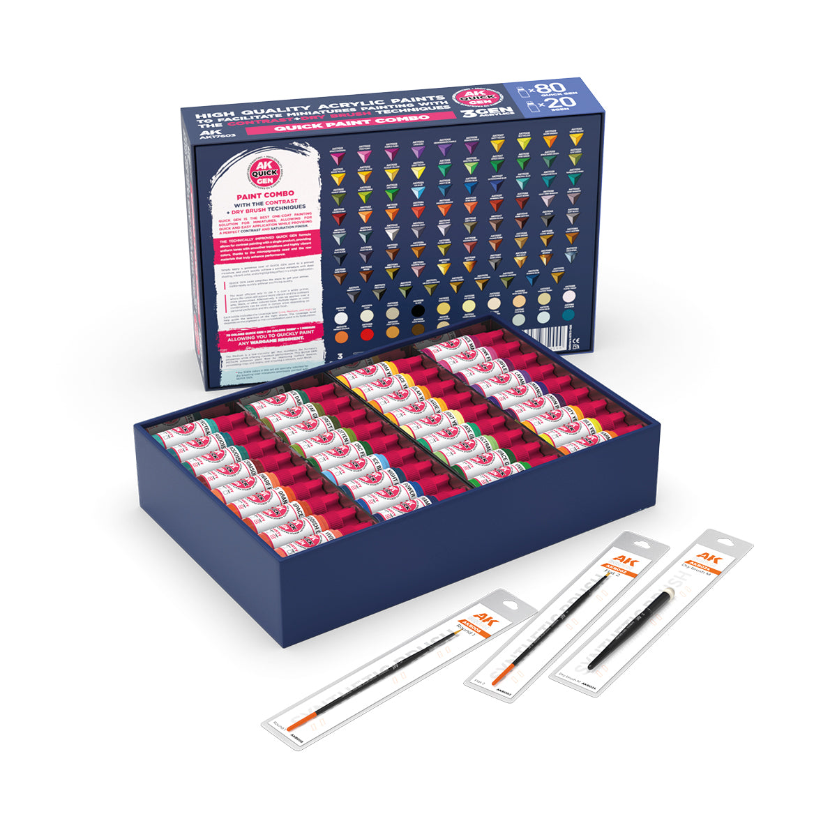 AK17603: Quick Paint Combo-100 Colors (80 Quick Gen +20 3gen +3 Free Brushes +1 Medium 18ml)