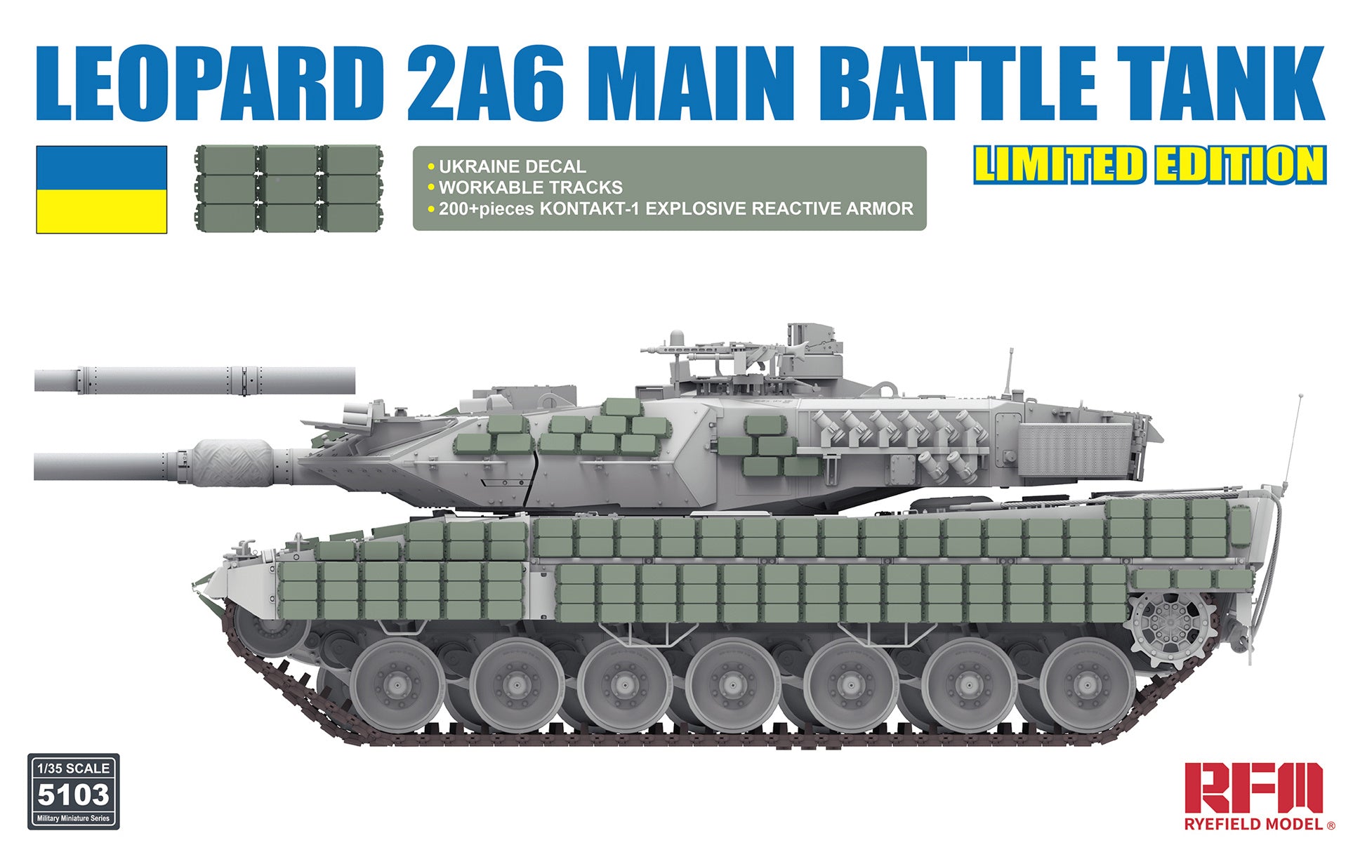 RFM: 1/35 Leopard 2A6 Main Battle Tank w/ Ukraine Decals & Kontakt-1 Armor