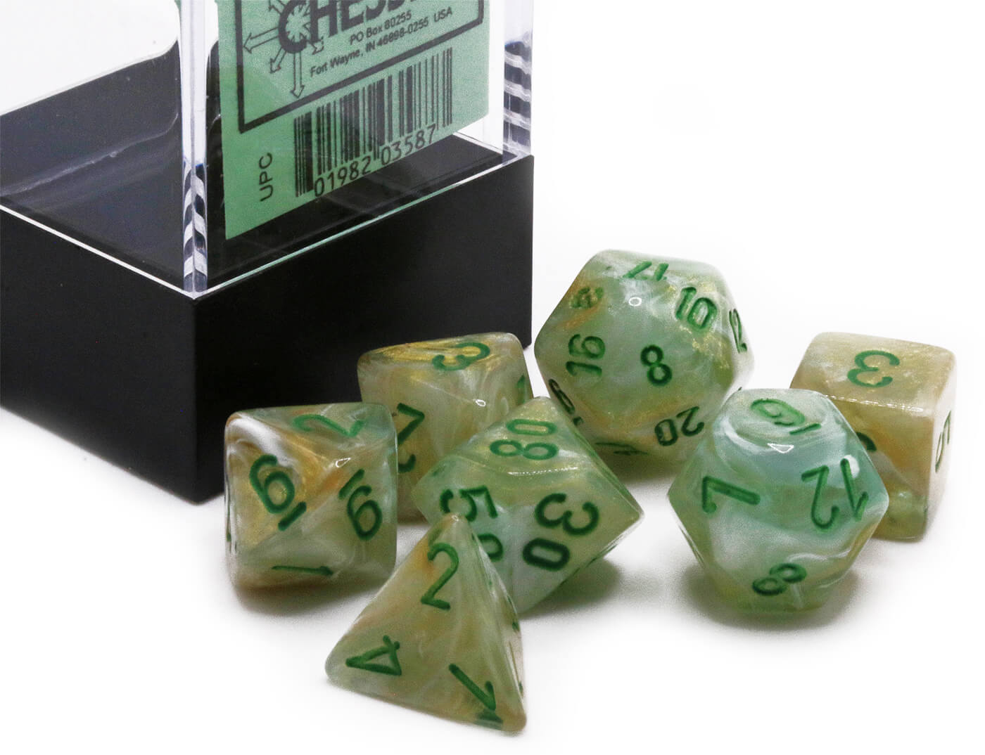Chessex Mini Dice (Marble Green) | 10mm TTRPG Dice Set CHX20409