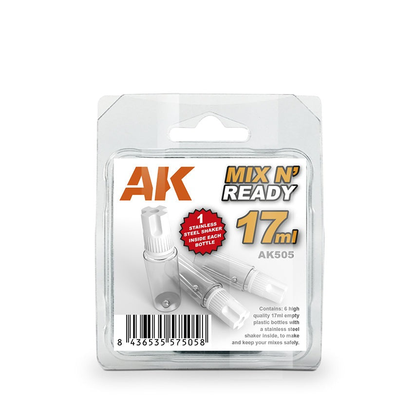 AK: Mix And Ready - Empty Paint Dropper Bottles (6 x 17ml with Shaker Balls)