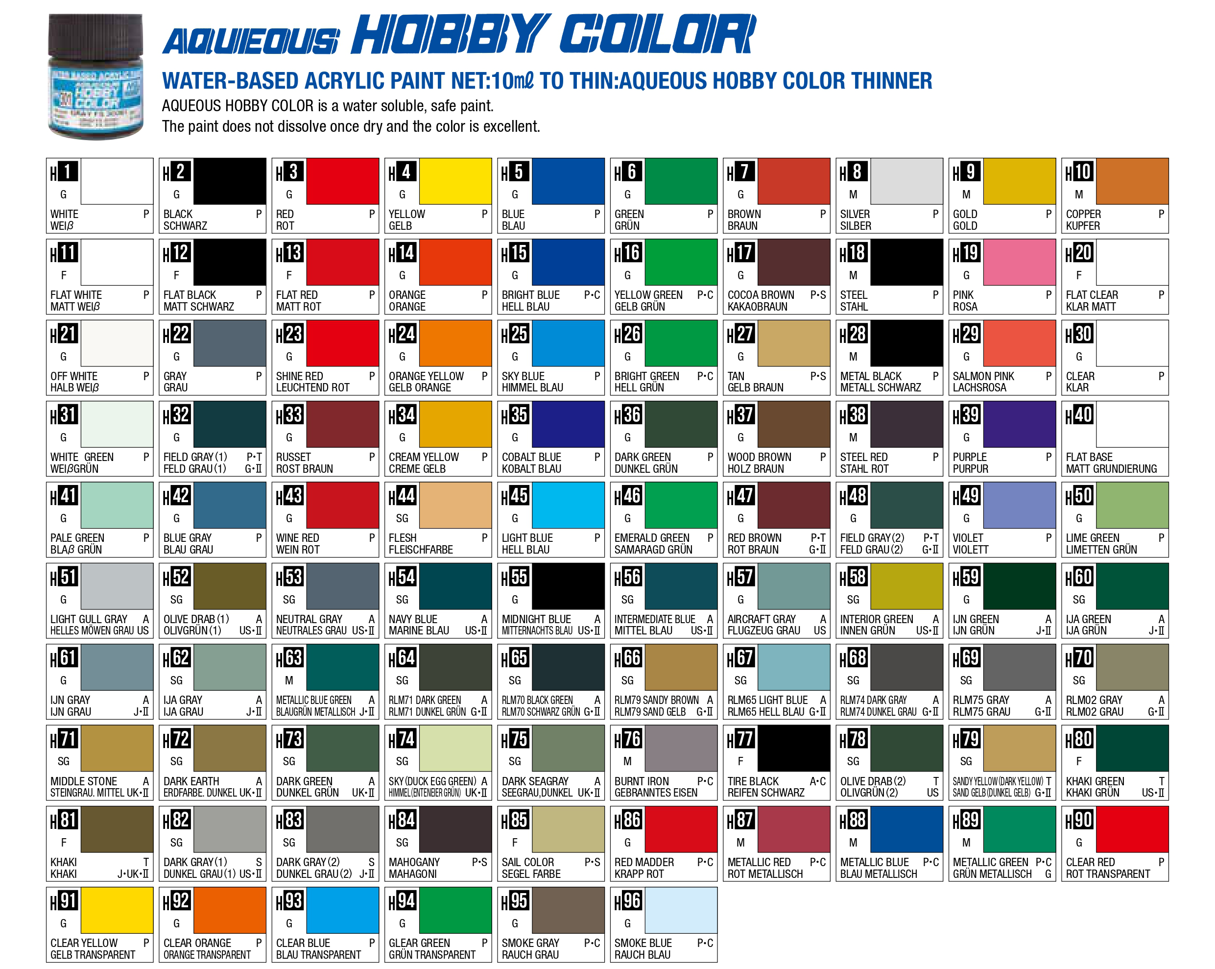 Aqueous Colorants Mr. Hobby: Aqueous Color (H1 - H110)