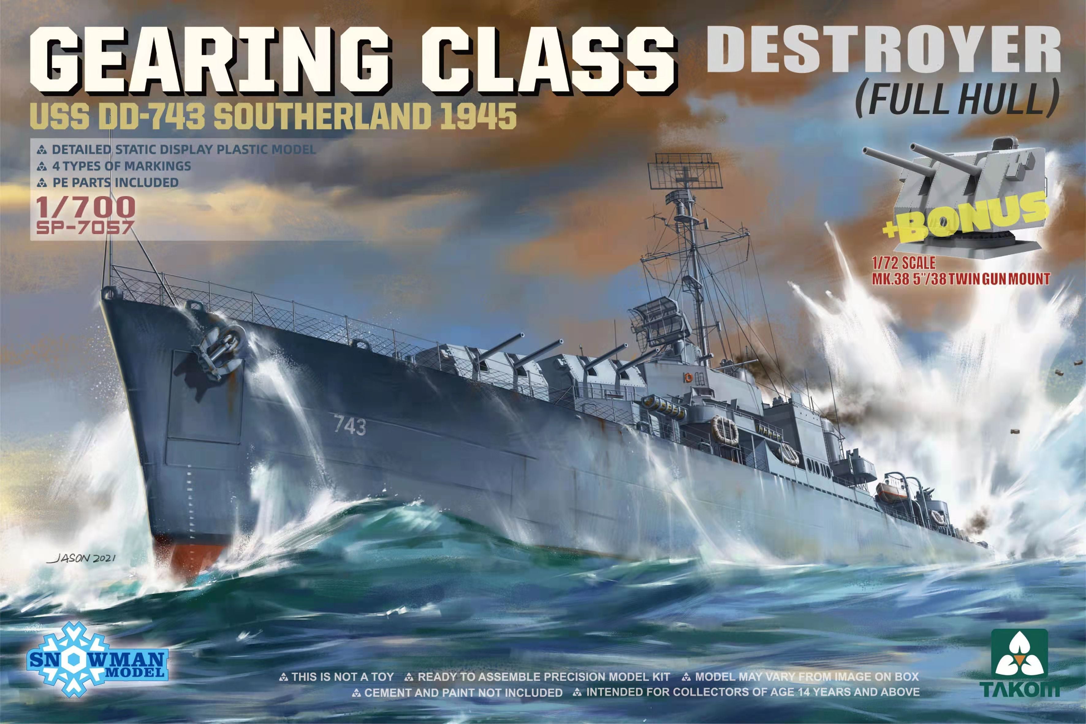 Takom: 1/700 Gearing Class Destroyer USS DD-743 Southerland 1945 (Full Hull)